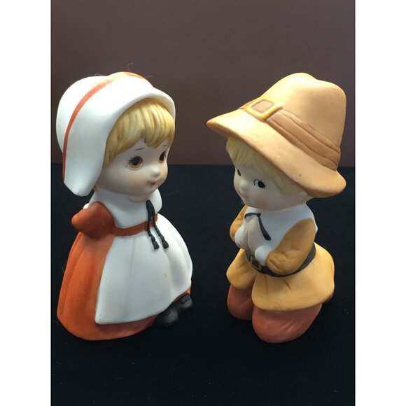 Vtg Lefton China Pilgrims Girl & Boy Praying Figurines Thanksgiving Painted 1984 - Picture 11 of 15